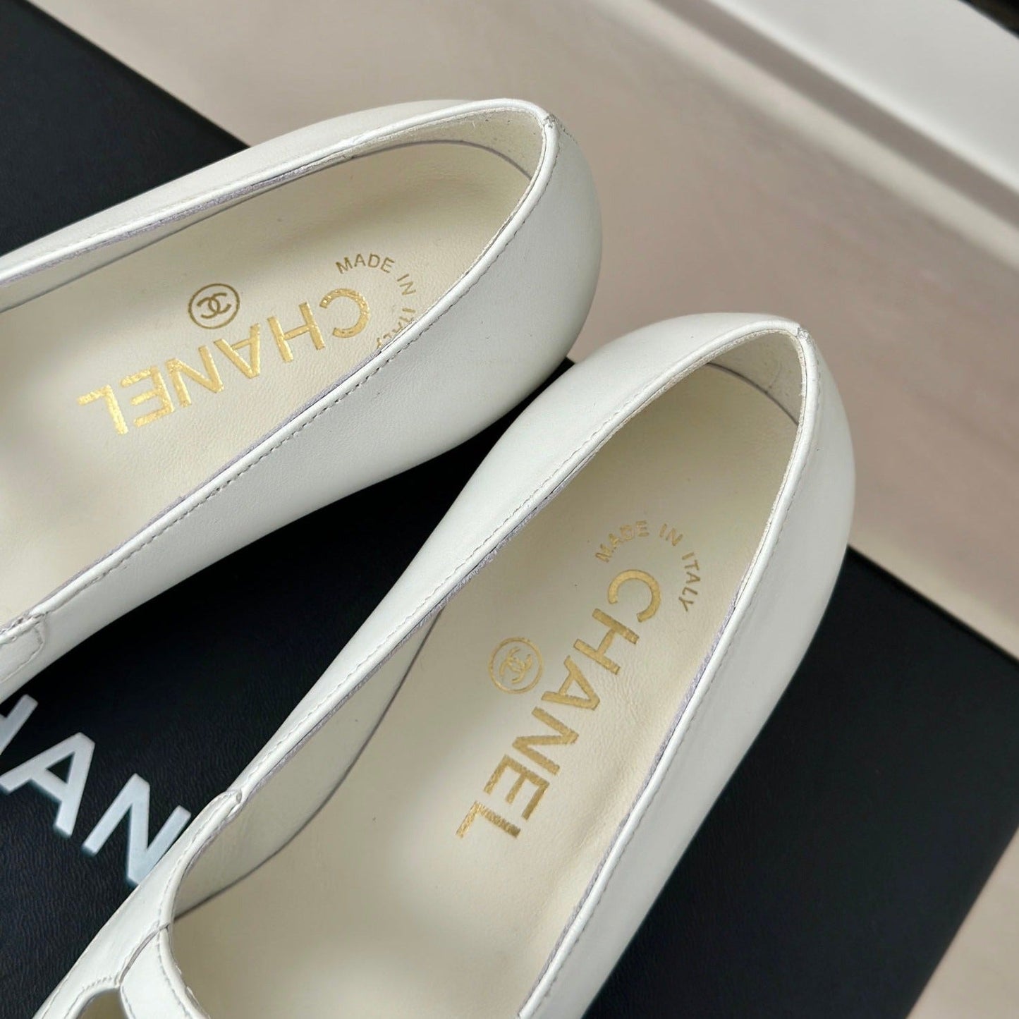 Double C Milan Runway Pointed Toe Mary Jane Shoes White Black Lambskin