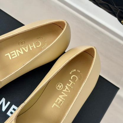 Double C Milan Runway Pointed Toe Mary Jane Shoes Dark Cream Black Lambskin