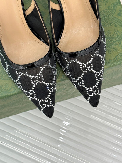 GG HIGH SLINGBACK 8.5 CM IN BLACK CLASSIC POINTED-TOE MESH WITH RHINESTONE EMBELLISHMENTS