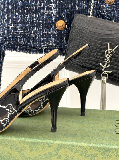 GG HIGH SLINGBACK 8.5 CM IN BLACK CLASSIC POINTED-TOE MESH WITH RHINESTONE EMBELLISHMENTS