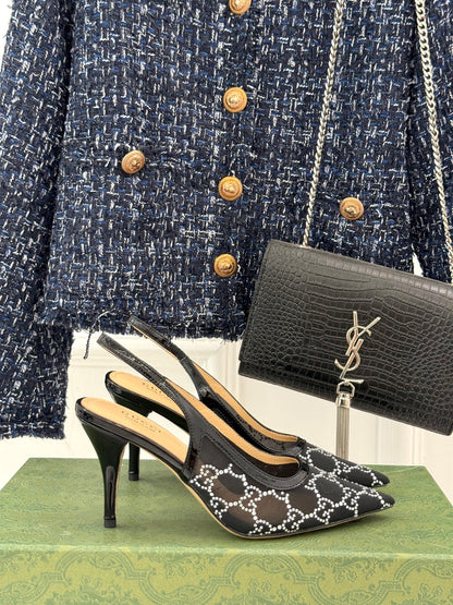 GG HIGH SLINGBACK 8.5 CM IN BLACK CLASSIC POINTED-TOE MESH WITH RHINESTONE EMBELLISHMENTS