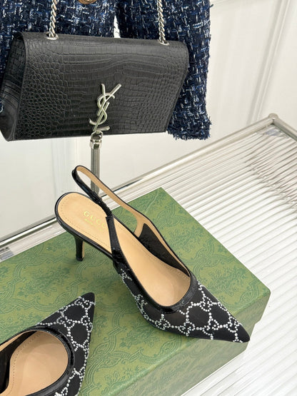 GG HIGH SLINGBACK 8.5 CM IN BLACK CLASSIC POINTED-TOE MESH WITH RHINESTONE EMBELLISHMENTS
