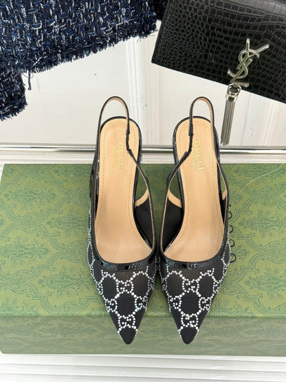 GG HIGH SLINGBACK 8.5 CM IN BLACK CLASSIC POINTED-TOE MESH WITH RHINESTONE EMBELLISHMENTS
