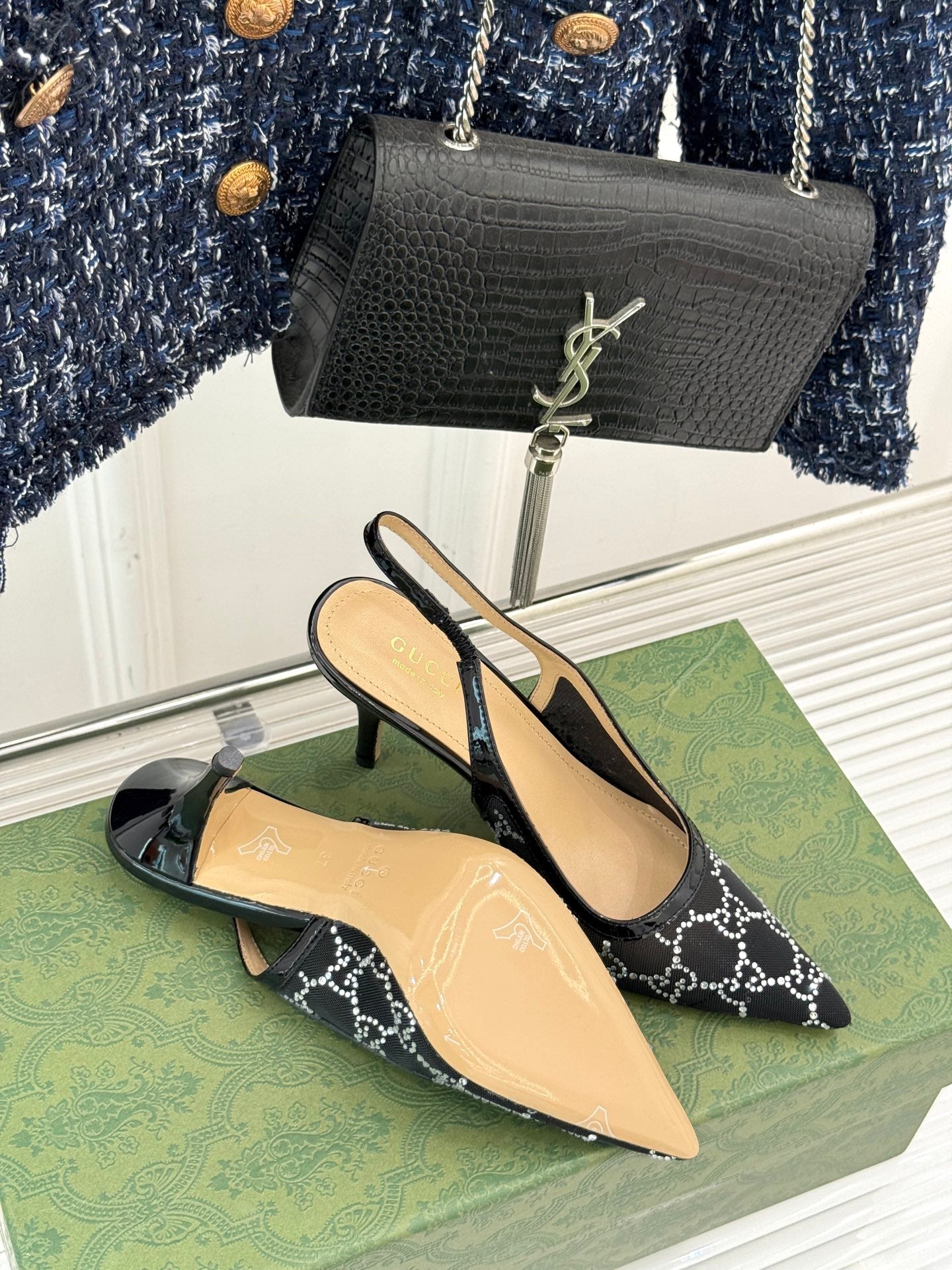 GG HIGH SLINGBACK 8.5 CM IN BLACK CLASSIC POINTED-TOE MESH WITH RHINESTONE EMBELLISHMENTS