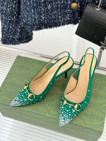 HIGH SLINGBACK 8.5 CM IN GREEN FABRIC WITH RHINESTONE EMBELLISHMENTS