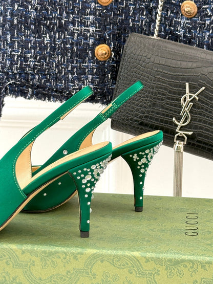 HIGH SLINGBACK 8.5 CM IN GREEN FABRIC WITH RHINESTONE EMBELLISHMENTS