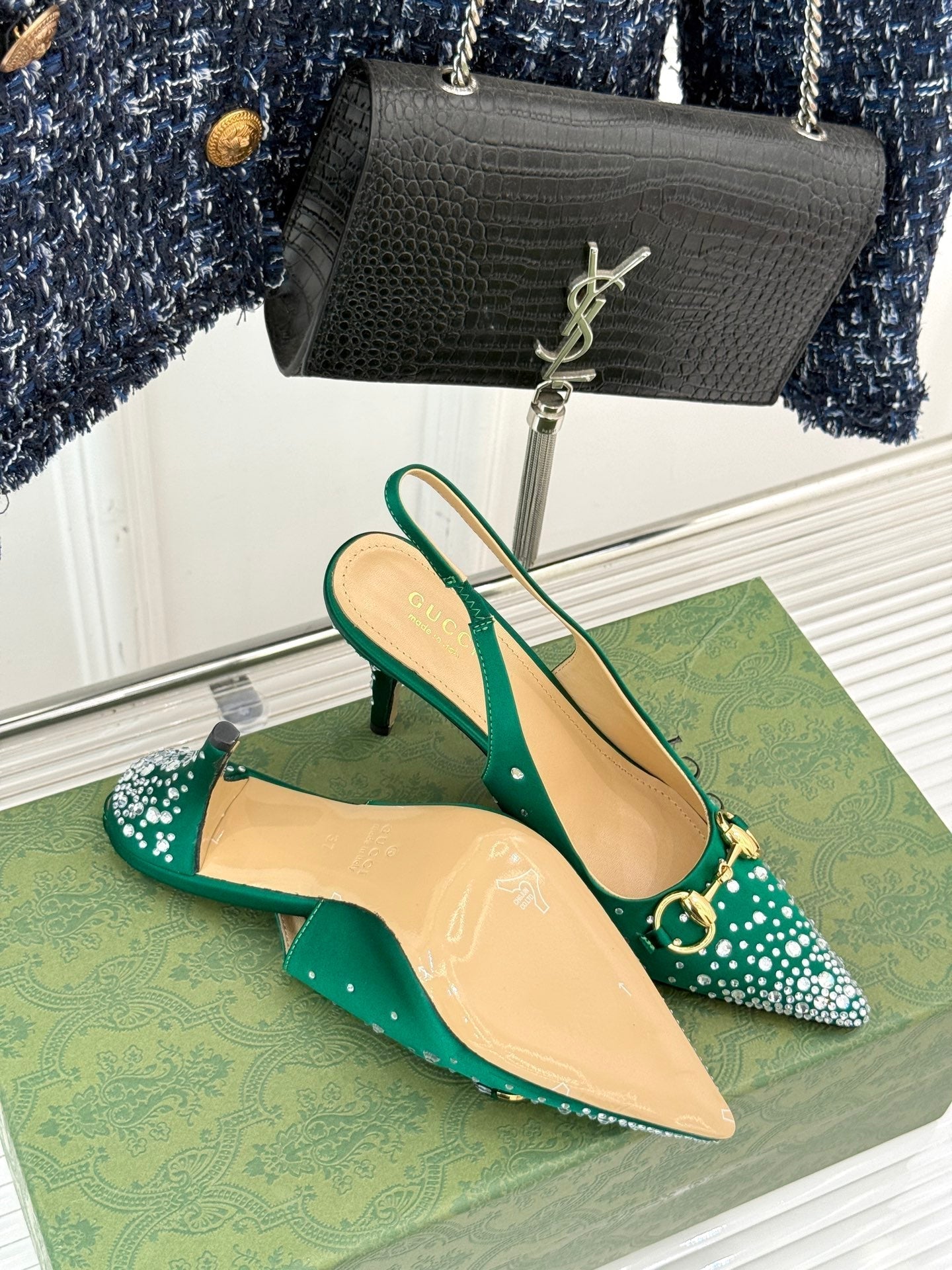 HIGH SLINGBACK 8.5 CM IN GREEN FABRIC WITH RHINESTONE EMBELLISHMENTS