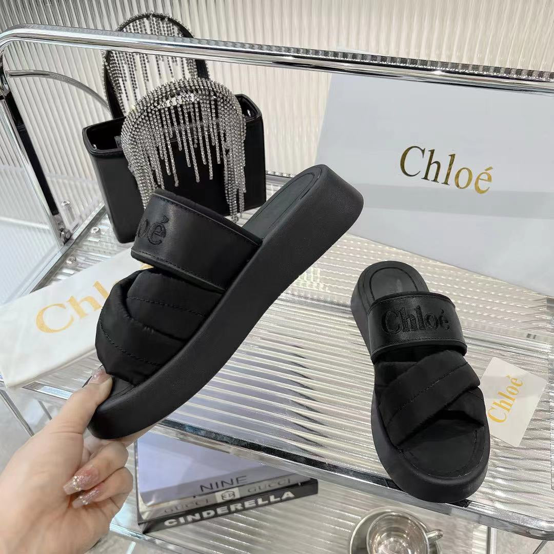 MILA FLAT SLIDES 5 CM IN BLACK CALFSKIN AND RE-NYLON