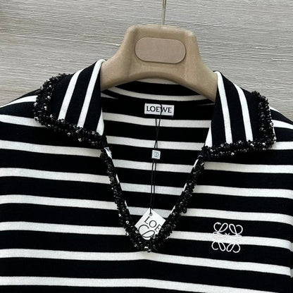 Loewe 25 Striped Knitted Polo Short-sleeved Top Black Tencel