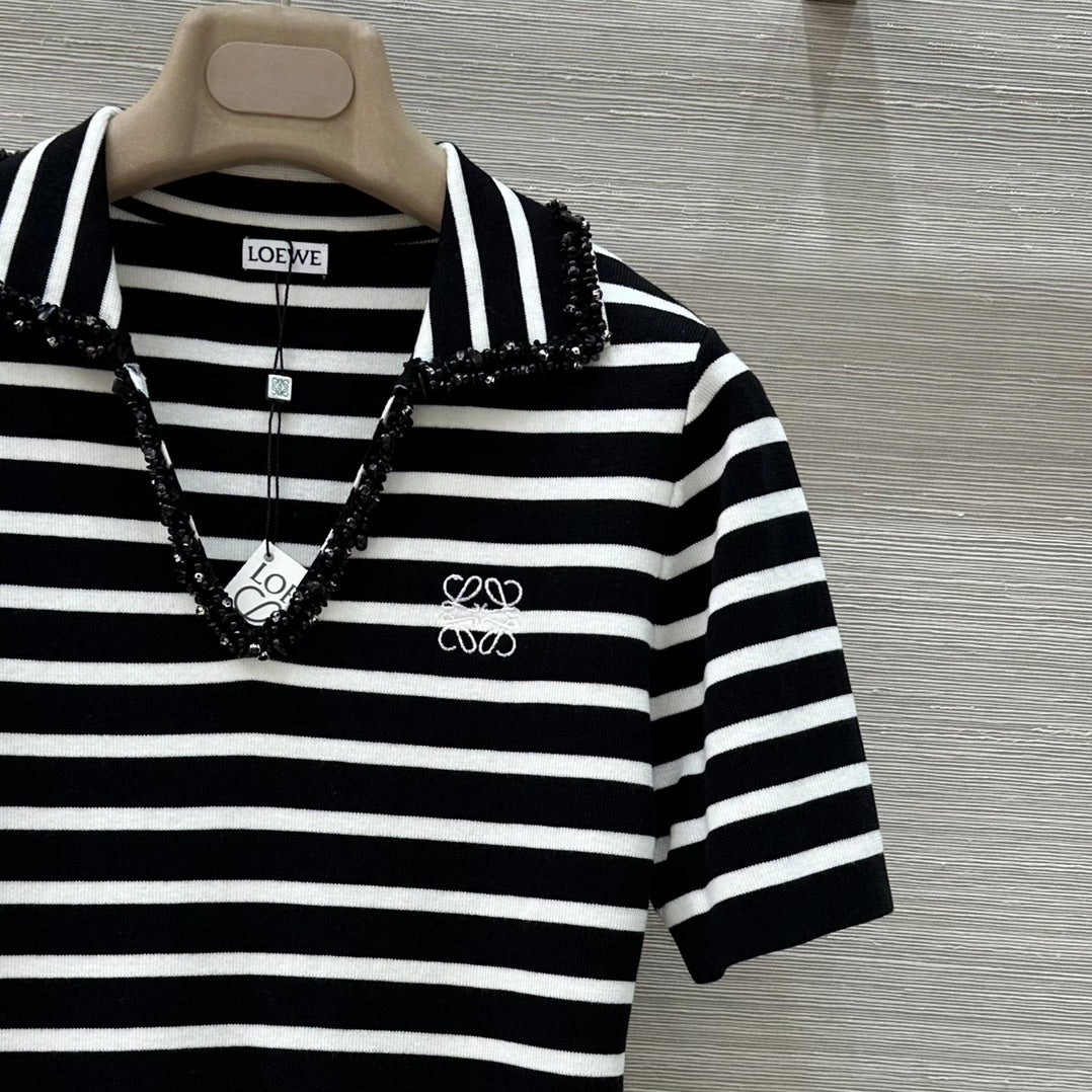 Loewe 25 Striped Knitted Polo Short-sleeved Top Black Tencel