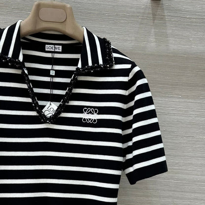 Loewe 25 Striped Knitted Polo Short-sleeved Top Black Tencel