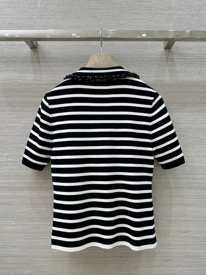 Loewe 25 Striped Knitted Polo Short-sleeved Top Black Tencel