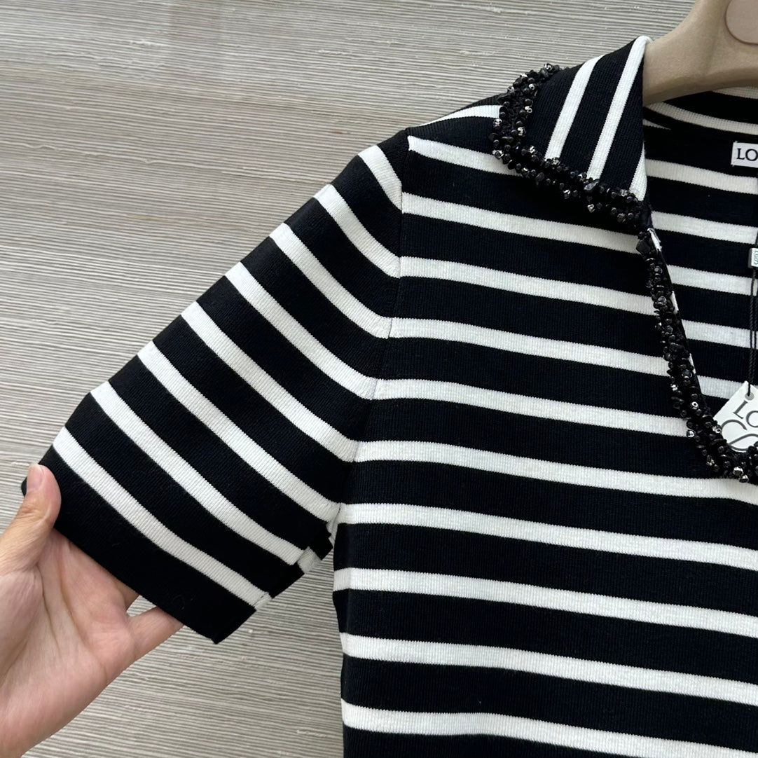 Loewe 25 Striped Knitted Polo Short-sleeved Top Black Tencel
