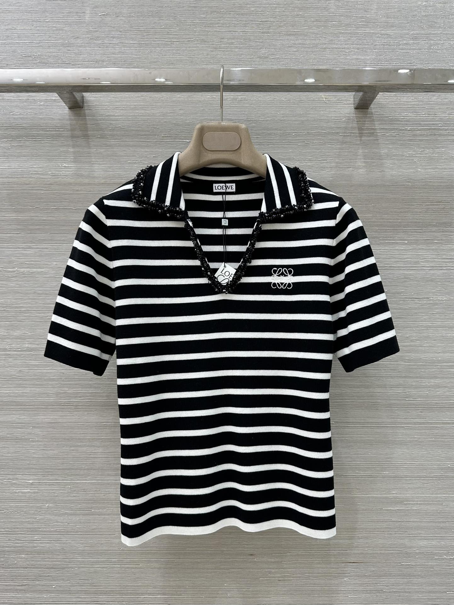 Loewe 25 Striped Knitted Polo Short-sleeved Top Black Tencel