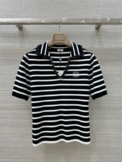 Loewe 25 Striped Knitted Polo Short-sleeved Top Black Tencel