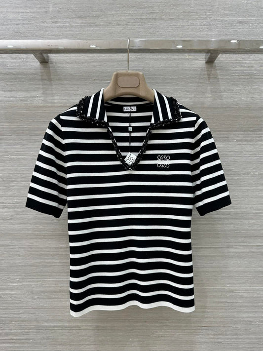 Loewe 25 Striped Knitted Polo Short-sleeved Top Black Tencel