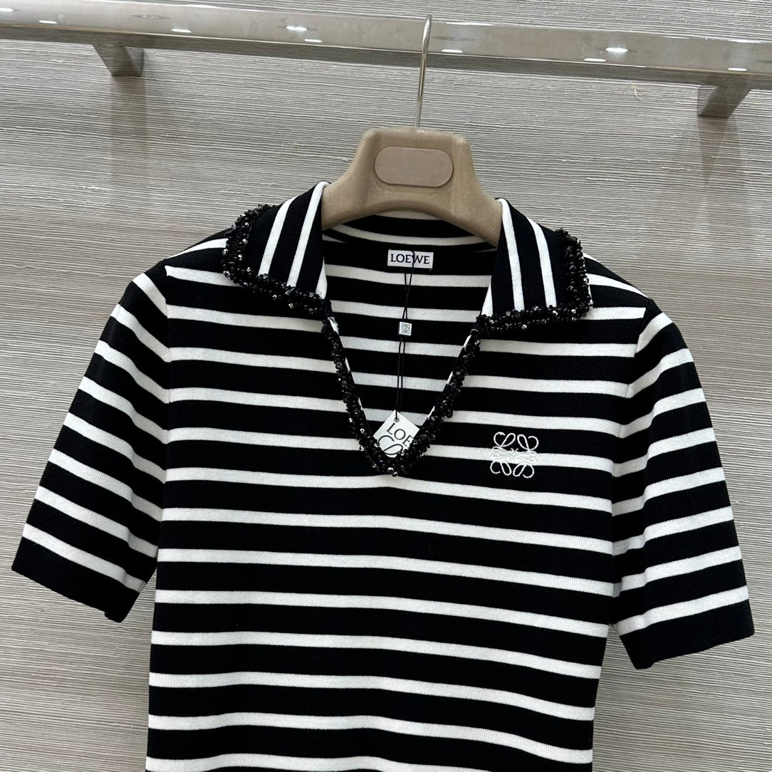 Loewe 25 Striped Knitted Polo Short-sleeved Top Black Tencel