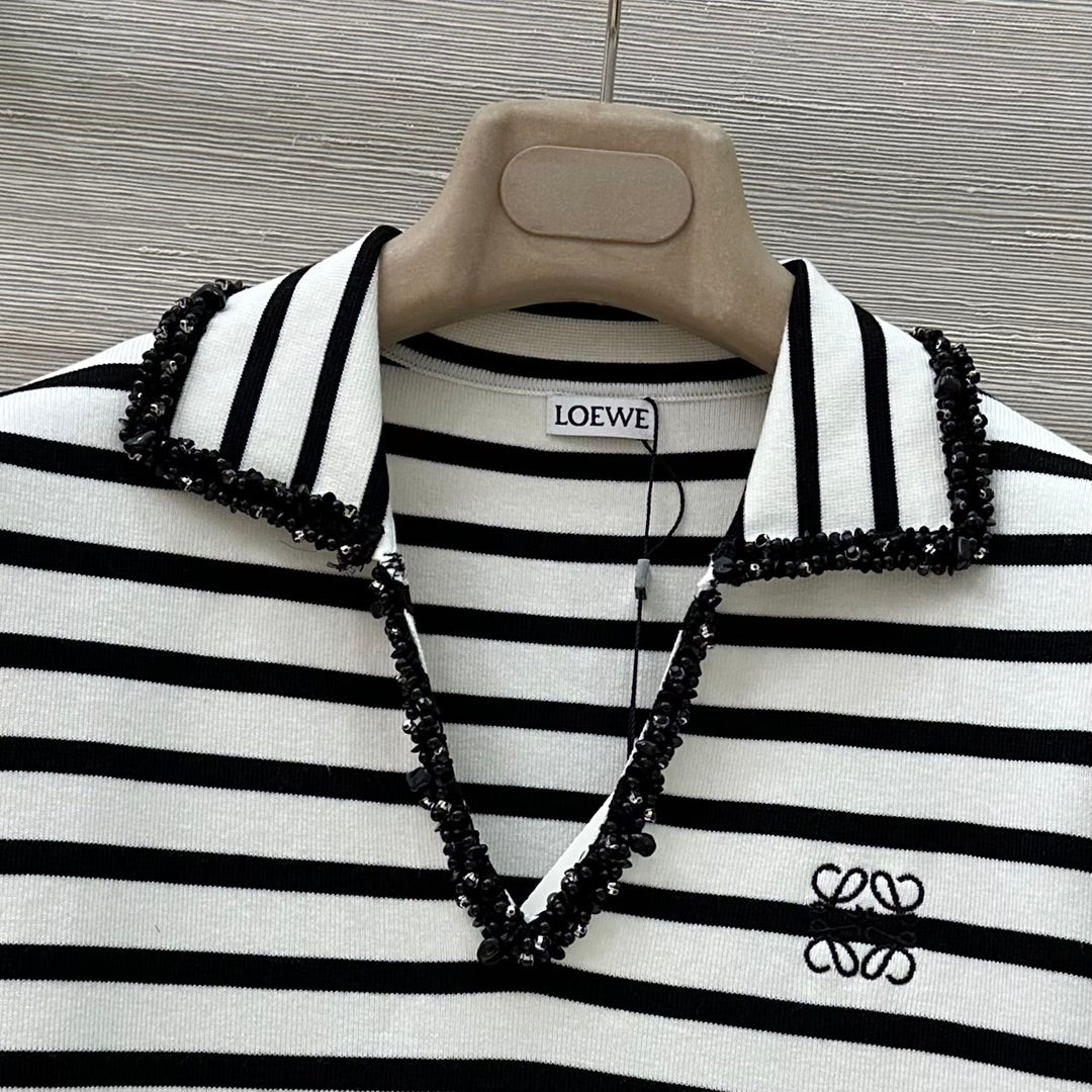 Loewe 25 Striped Knitted Polo Short-sleeved Top White Tencel