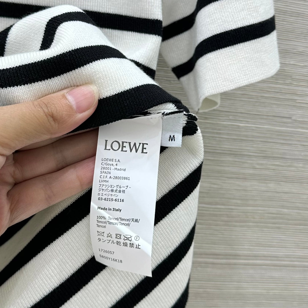 Loewe 25 Striped Knitted Polo Short-sleeved Top White Tencel