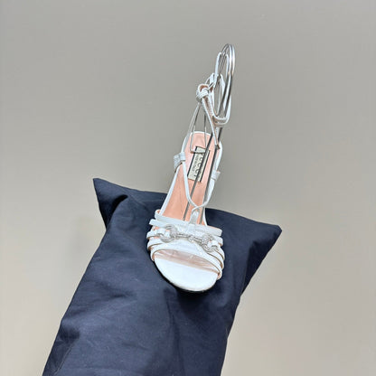 CRYSTAL HORSEBIT STRAPPY SANDAL 10.5CM IN WHITE PATENT LEATHER