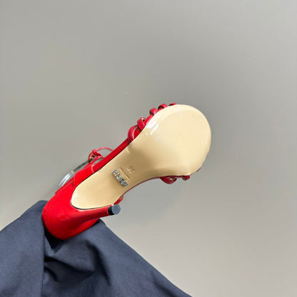 CRYSTAL HORSEBIT STRAPPY SANDAL 10.5CM IN RED PATENT LEATHER