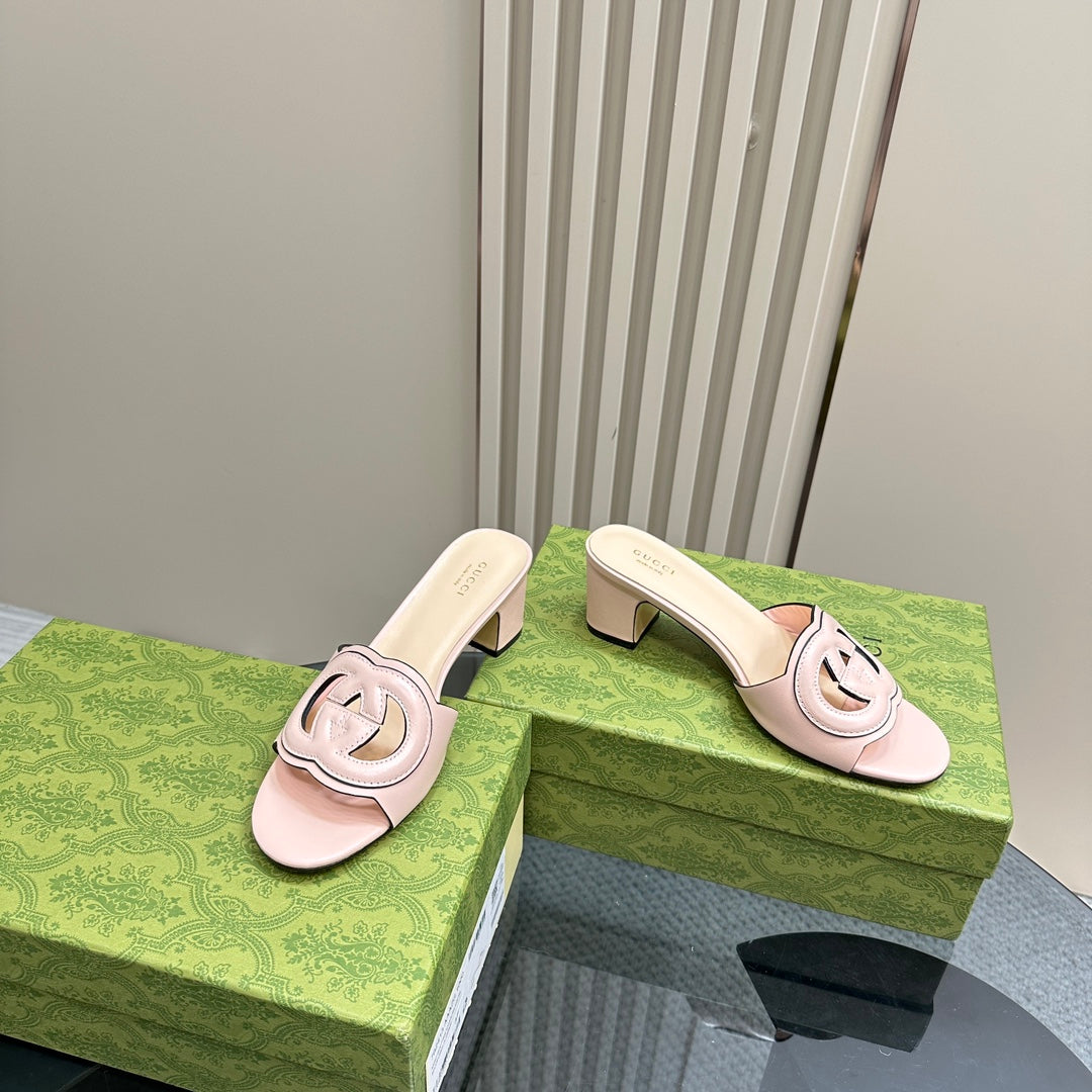 MID-HEEL 5 CM MULE IN LIGHT PINK CALFSKIN