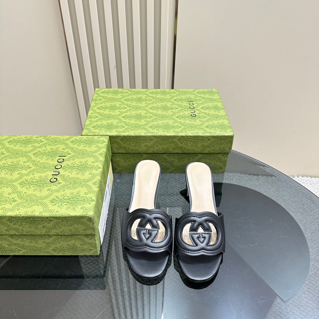 MID-HEEL 5 CM MULE IN BLACK CALFSKIN