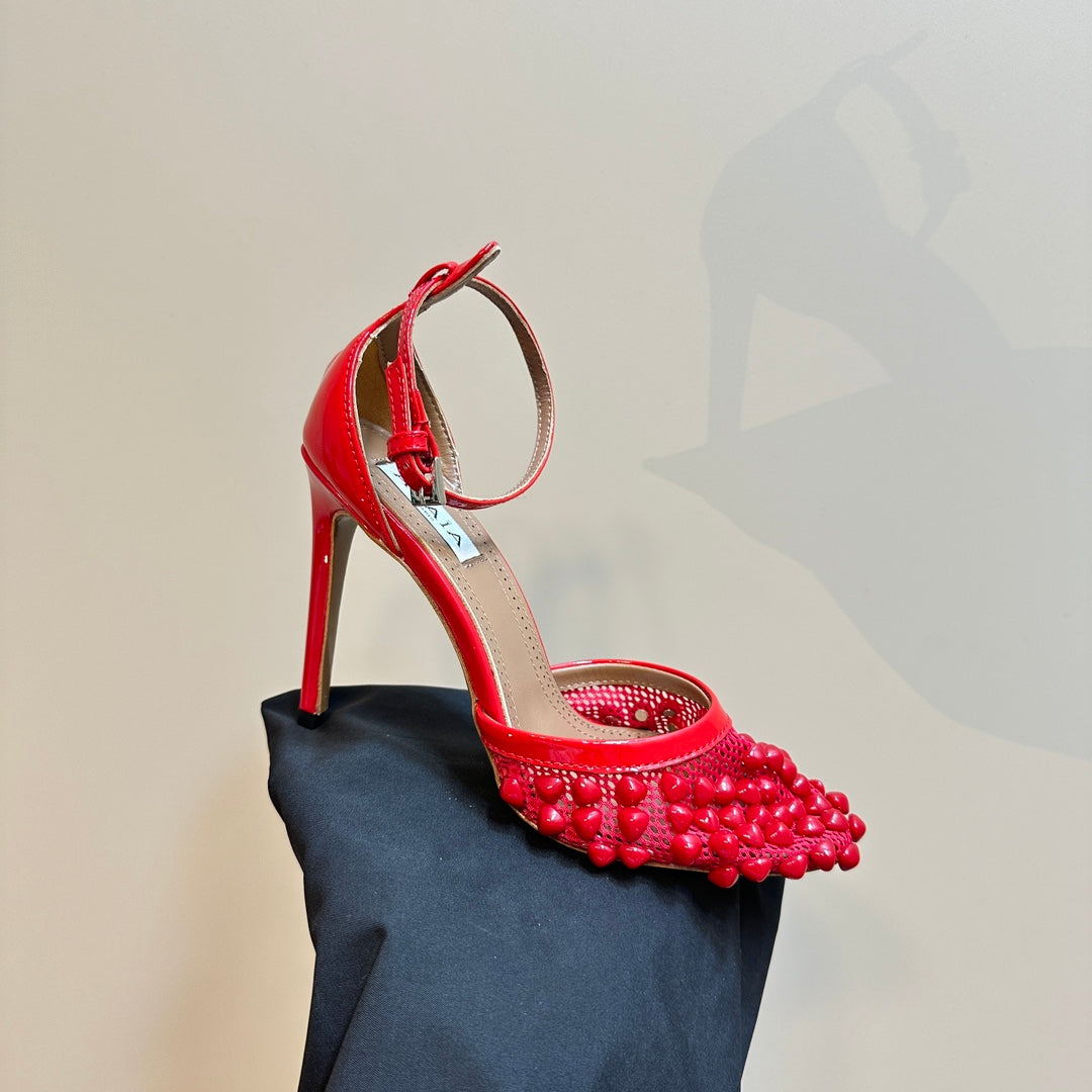 ALAIA HIGH FISHNET PUMPS WITH STUDS IN CHERRY RED LYCRA MESH AND LAMBSKIN