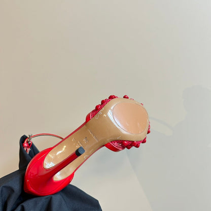 ALAIA HIGH FISHNET PUMPS WITH STUDS IN CHERRY RED LYCRA MESH AND LAMBSKIN