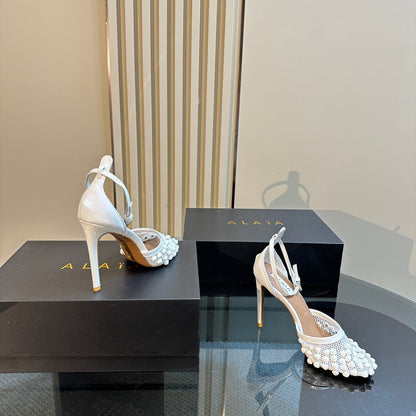 ALAIA HIGH FISHNET PUMPS WITH STUDS IN WHITE LYCRA MESH AND LAMBSKIN