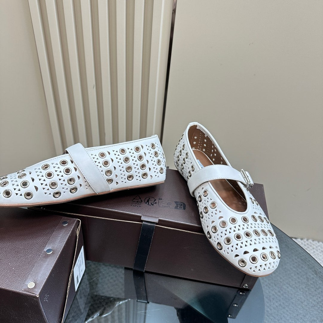STRASS BALLET FLATS IN WHITE CALFSKIN