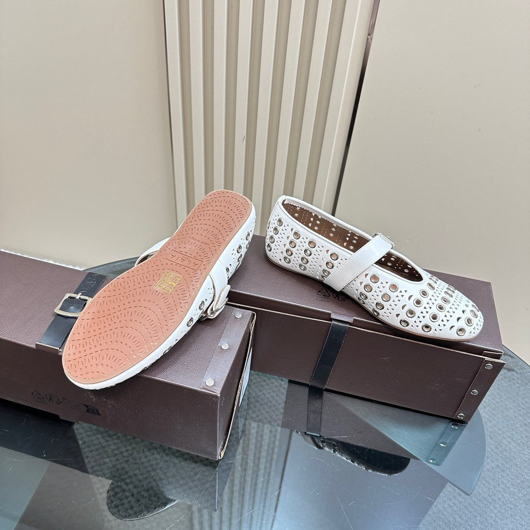 STRASS BALLET FLATS IN WHITE CALFSKIN