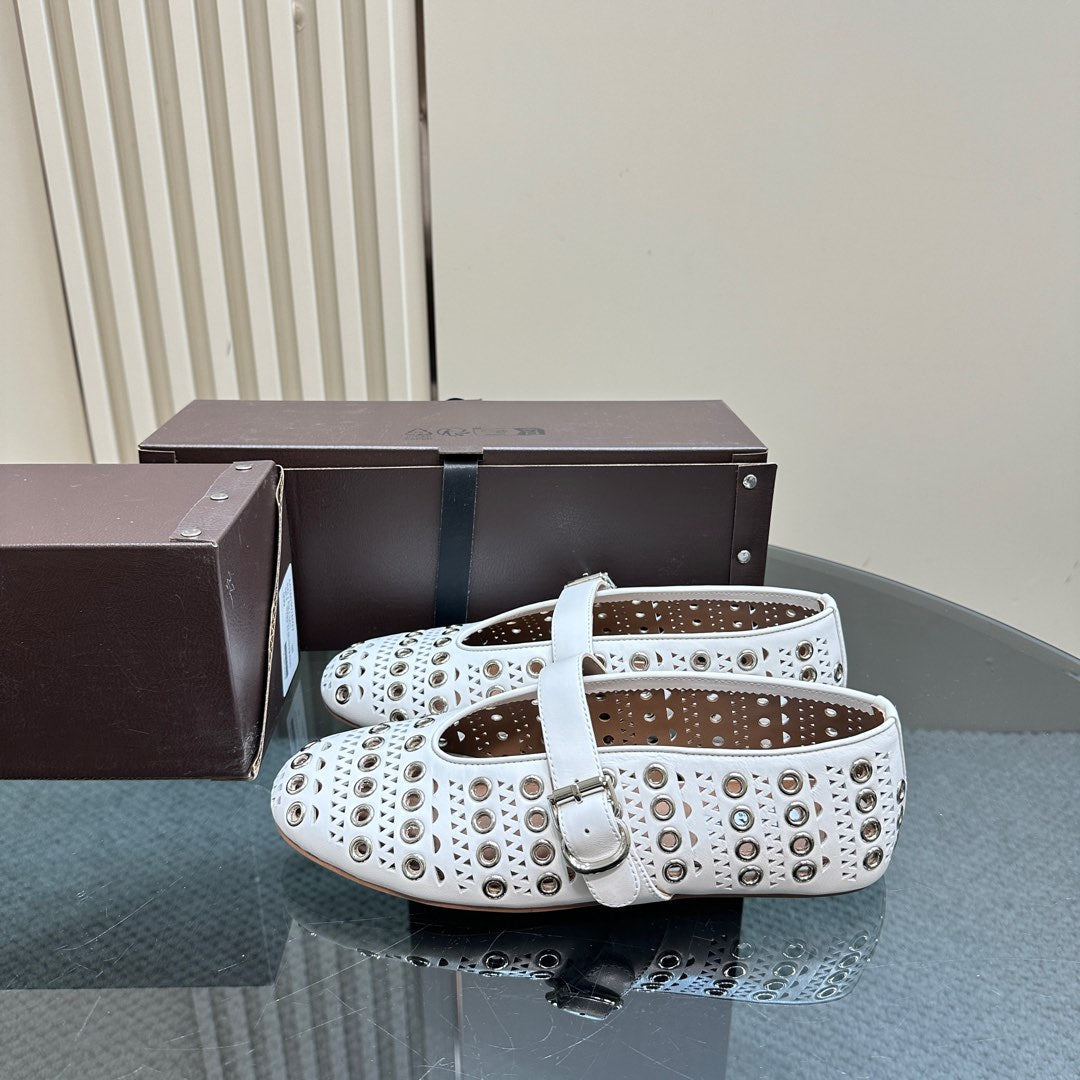 STRASS BALLET FLATS IN WHITE CALFSKIN