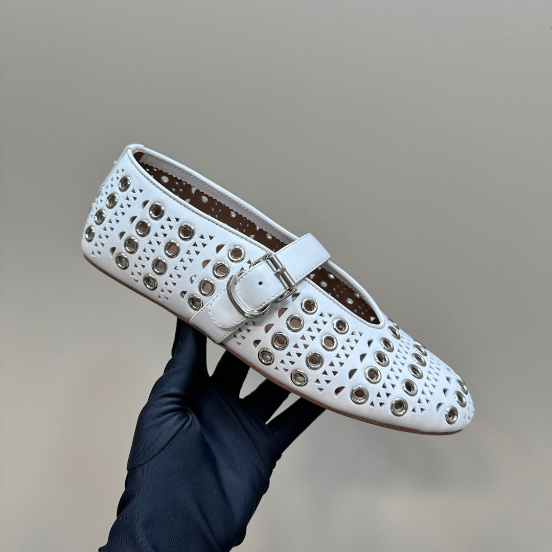STRASS BALLET FLATS IN WHITE CALFSKIN