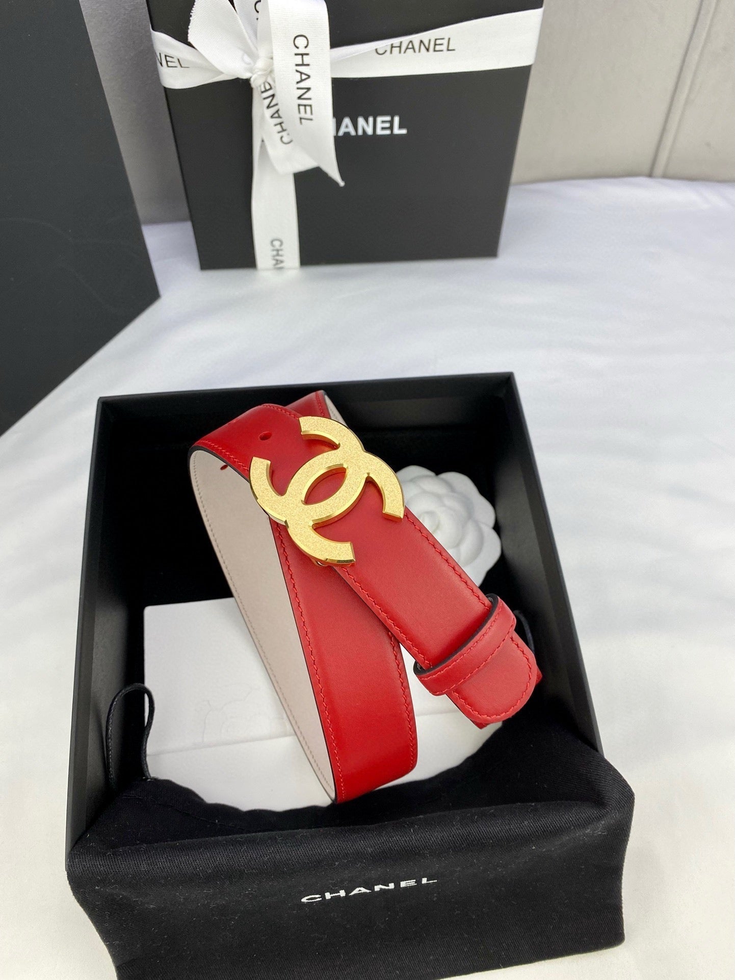 DOUBLE C BELT 30MM IN RED CALFSKIN METAL BUCKLE