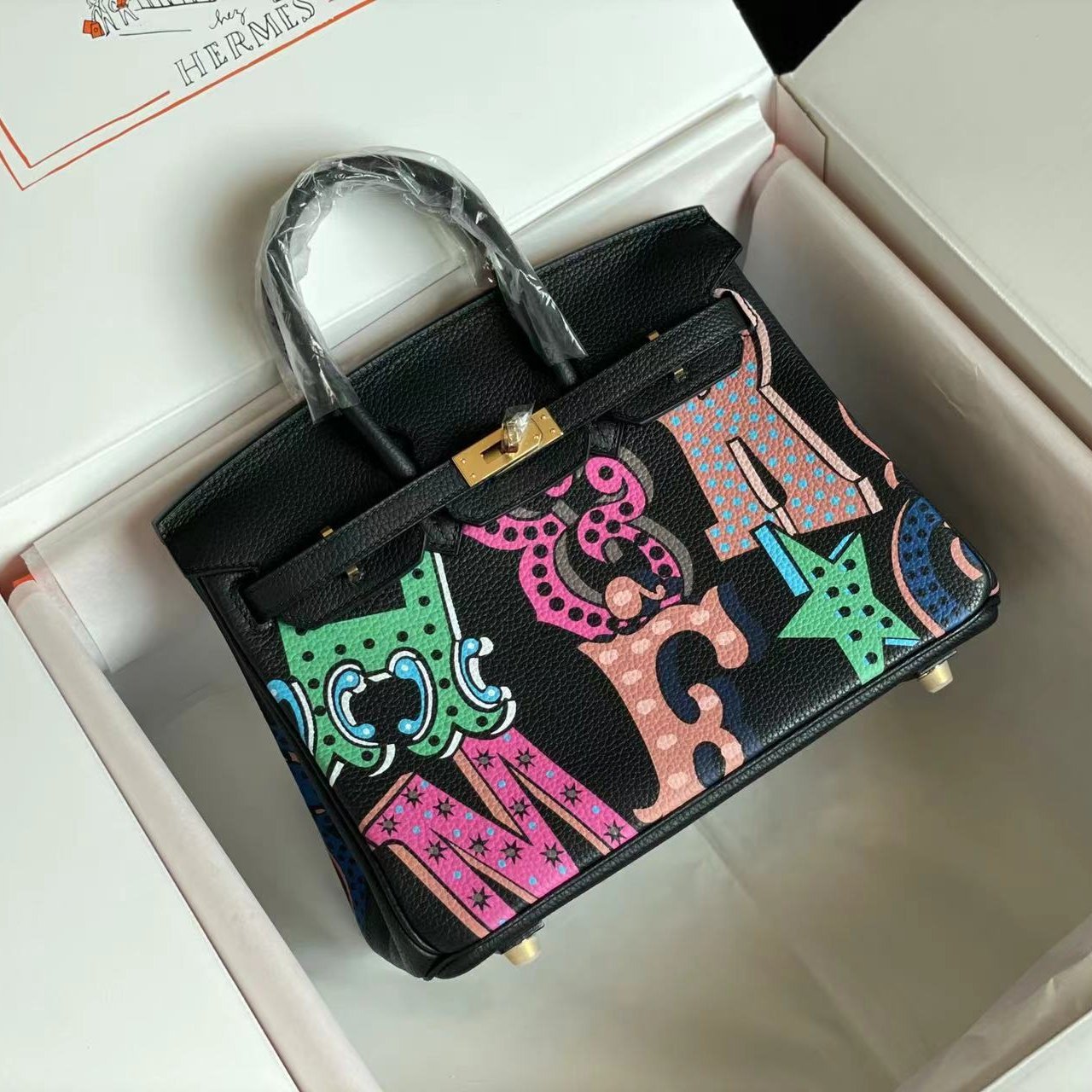 BIRKIN 25 BAG IN BLACK CALFSKIN WITH COLORFUL STICKER