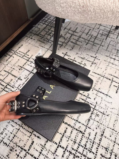 BIKER BALLET FLATS IN BLACK CALFSKIN