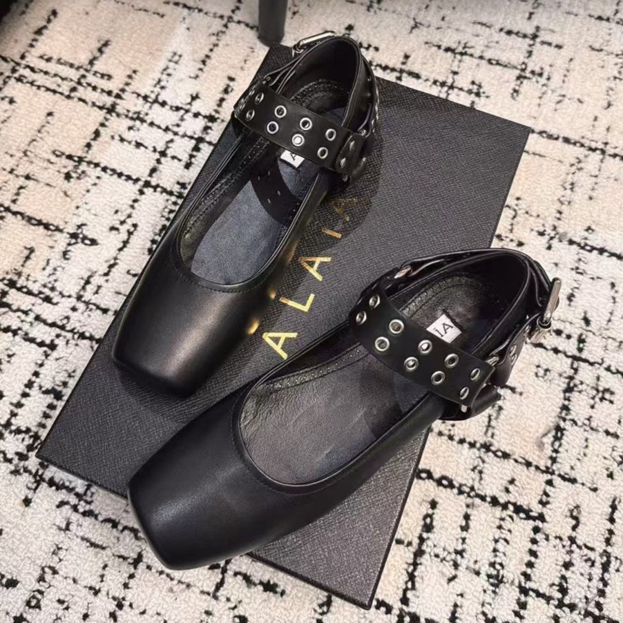 BIKER BALLET FLATS IN BLACK CALFSKIN