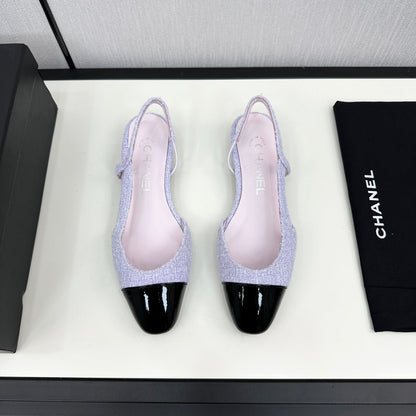 SLINGBACK LIGHT BLUE TWEED AND BLACK CALFSKIN