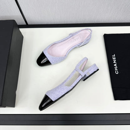 SLINGBACK LIGHT BLUE TWEED AND BLACK CALFSKIN