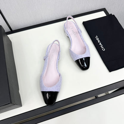 SLINGBACK LIGHT BLUE TWEED AND BLACK CALFSKIN