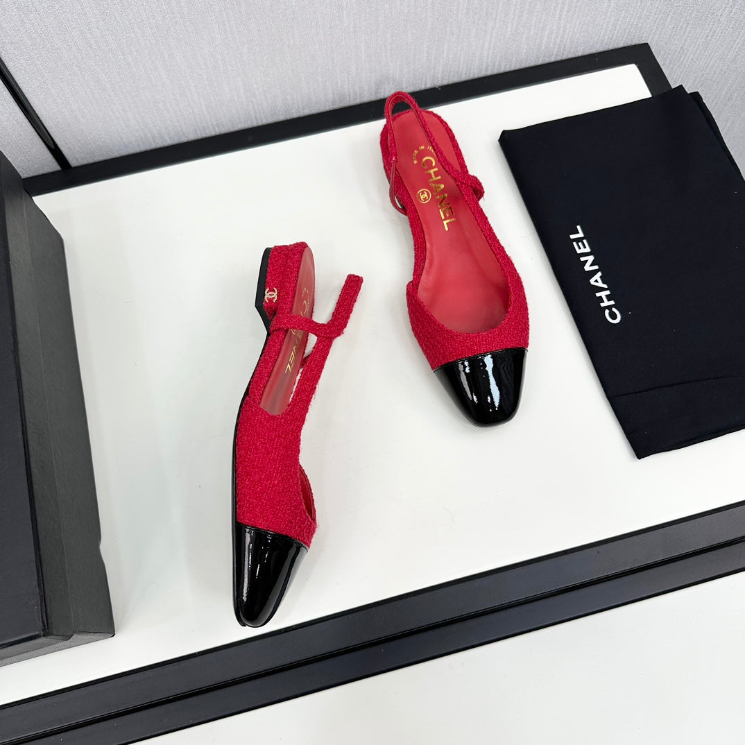 SLINGBACK ROSE RED TWEED AND BLACK CALFSKIN