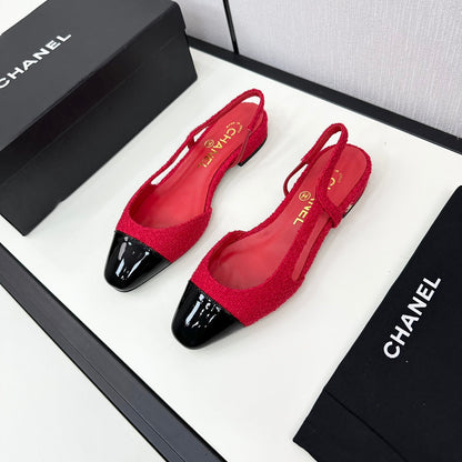 SLINGBACK ROSE RED TWEED AND BLACK CALFSKIN