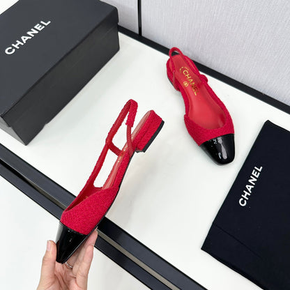 SLINGBACK ROSE RED TWEED AND BLACK CALFSKIN