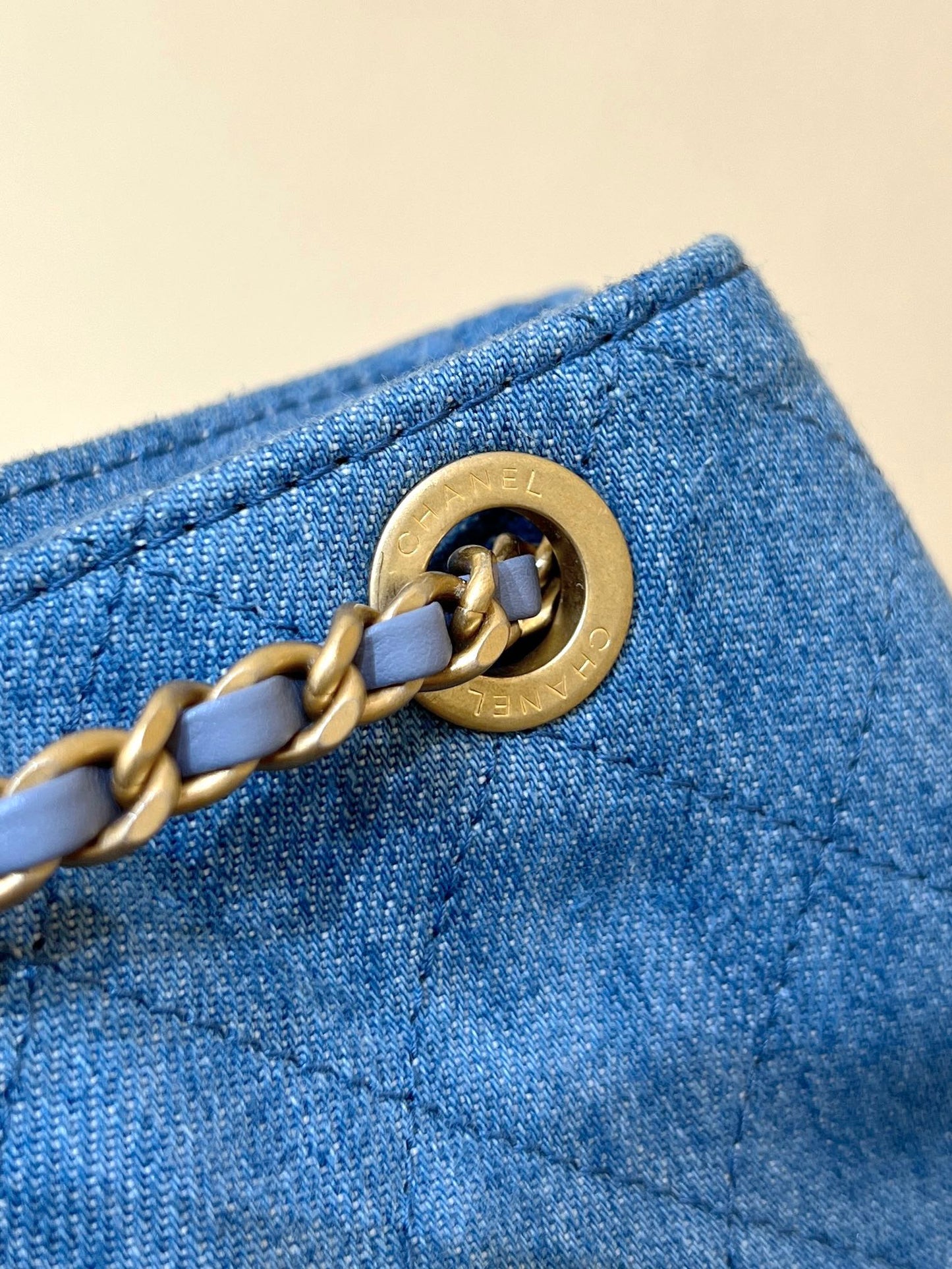 DRAWSTRING BUCKET BACKPACK 24 IN MALIBU BLUE DENIM GOLD HARDWARE