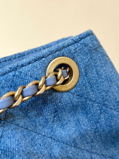 DRAWSTRING BUCKET BACKPACK 24 IN MALIBU BLUE DENIM GOLD HARDWARE