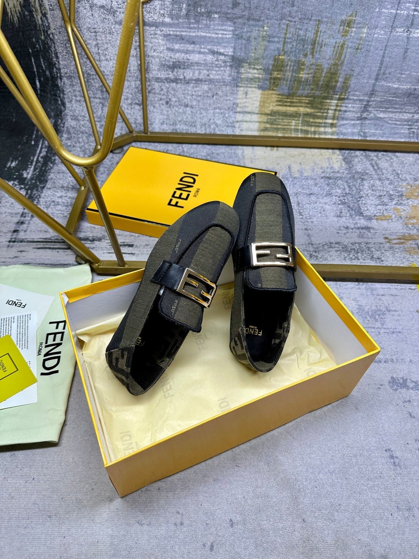 FENDI BAGUETTE LOAFERS IN OLIVE GREEN MIX BLACK CANVAS GOLD HARDWARE