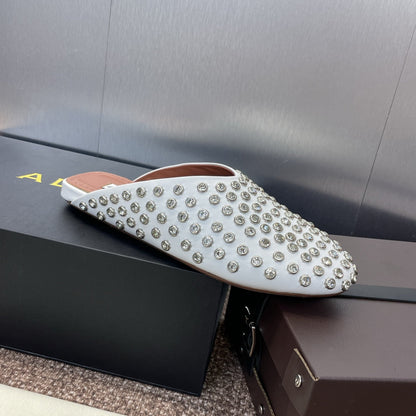 ALAIA FLAT MULES 25S IN WHITE LAMBSKIN EMBELLISHED WITH CRYSTALS