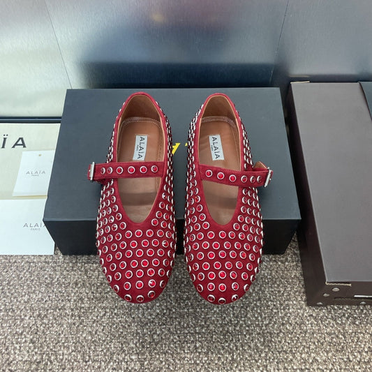 ALAIA MARY JANE FLAT 25S IN DARK RED LAMBSKIN EMBELLISHED WITH CRYSTALS