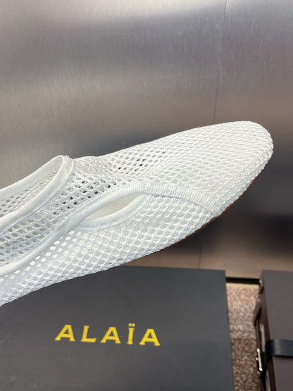 ALAIA MESH MARY JANE BALLET FLATS 25S IN WHITE FABRIC